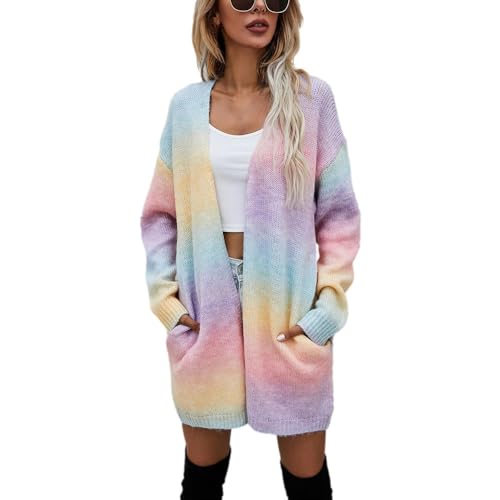 JIAALU Damen Moda Tie-Dye Regenbogen mid-length Strickjacke Strickpullover Herbst Leichtgewicht Cardigan Strickmantel Winter Jacke Grobstrickjacke Strickmantel Sweater Outerwear von JIAALU