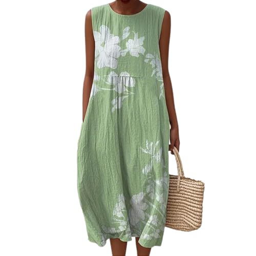 JIAALU Damen Musselin Kleid Sommer Ärmellos Strandkleid Vintage Blumendruck Freizeitkleid Leinen Sommerkleid Rundhals Casual Leinenkleid Leicht Locker Luftig Midikleid mit Taschen von JIAALU