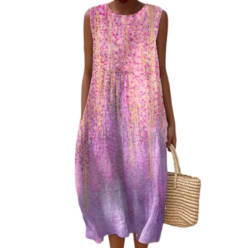 JIAALU Damen Musselin Kleid Sommer Ärmellos Strandkleid Vintage Blumendruck Freizeitkleid Leinen Sommerkleid Rundhals Casual Leinenkleid Leicht Locker Luftig Midikleid mit Taschen von JIAALU