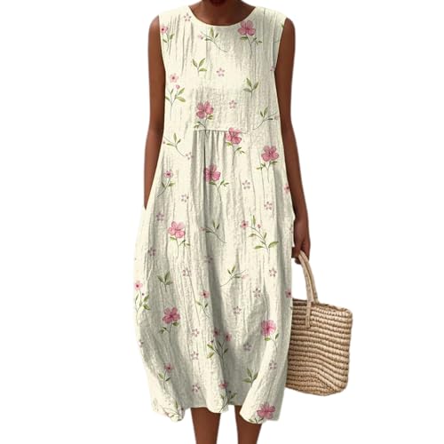 JIAALU Damen Musselin Kleid Sommer Ärmellos Strandkleid Vintage Blumendruck Freizeitkleid Leinen Sommerkleid Rundhals Casual Leinenkleid Leicht Locker Luftig Midikleid mit Taschen von JIAALU