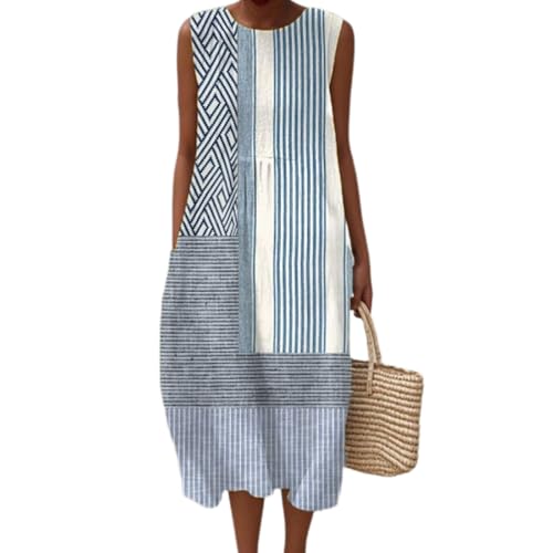 JIAALU Damen Musselin Kleid Sommer Ärmellos Strandkleid Vintage Blumendruck Freizeitkleid Leinen Sommerkleid Rundhals Casual Leinenkleid Leicht Locker Luftig Midikleid mit Taschen von JIAALU