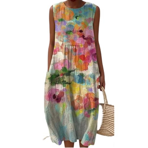 JIAALU Damen Musselin Kleid Sommer Ärmellos Strandkleid Vintage Blumendruck Freizeitkleid Leinen Sommerkleid Rundhals Casual Leinenkleid Leicht Locker Luftig Midikleid mit Taschen von JIAALU