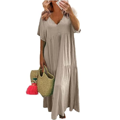 JIAALU Damen Sommerkleider Leicht Und Luftig Lang Kleider A Linie V Ausschnitt Sommerkleid Sommer Maxi Elegant Plissee Maxikleid Frauen Große Größen Kurzarm Kleid üBergröße Locker von JIAALU