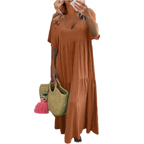 JIAALU Damen Sommerkleider Leicht Und Luftig Lang Kleider A Linie V Ausschnitt Sommerkleid Sommer Maxi Elegant Plissee Maxikleid Frauen Große Größen Kurzarm Kleid üBergröße Locker von JIAALU