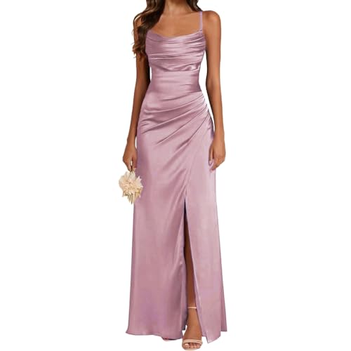 JIAALU Damen Spaghettiträger Satin Brautjung fernkleid Spaghettiträger Ballkleider Lang mit Schlitz Meerjungfrau Falte Abendkleider A-Linie Formelles Abendkleid mit Schlitz Lange Elegant Ballkleider JIAALU Damen Spaghettiträger Satin Brautjung fernkleid Spaghettiträger Ballkleider Lang mit Schlitz Meerjungfrau Falte Abendkleider A-Linie Formelles Abendkleid mit Schlitz Lange Elegant Ballkleider von JIAALU