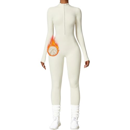 JIAALU Damen Sport Jumpsuit Lang Eng Yoga Overall Langarm Rollkragen Playsuits Einteiler Romper mit Reißverschluss Nahtloser Fleece gefüttert Bodysuit von JIAALU