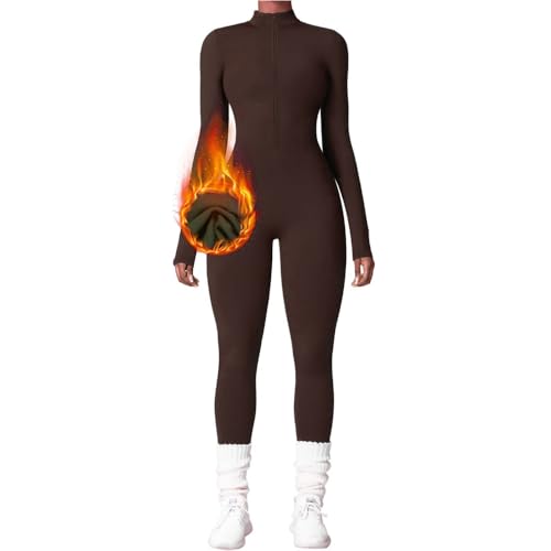 JIAALU Damen Sport Jumpsuit Lang Eng Yoga Overall Langarm Rollkragen Playsuits Einteiler Romper mit Reißverschluss Nahtloser Fleece gefüttert Bodysuit von JIAALU