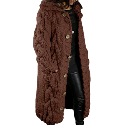 JIAALU Damen Strickjacke Lang Grobstrickjacke Strickmantel Cardigan Kapuzenpullover Grobstrick-Cardigan mit Kapuze Strickpullover Herbst Winter Jacke von JIAALU