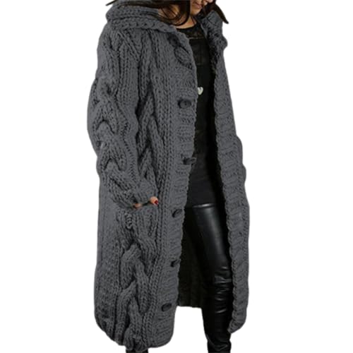 JIAALU Damen Strickjacke Lang Grobstrickjacke Strickmantel Cardigan Kapuzenpullover Grobstrick-Cardigan mit Kapuze Strickpullover Herbst Winter Jacke von JIAALU