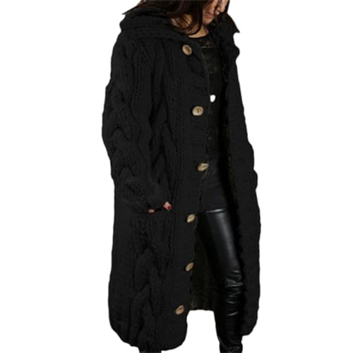 JIAALU Damen Strickjacke Lang Grobstrickjacke Strickmantel Cardigan Kapuzenpullover Grobstrick-Cardigan mit Kapuze Strickpullover Herbst Winter Jacke von JIAALU