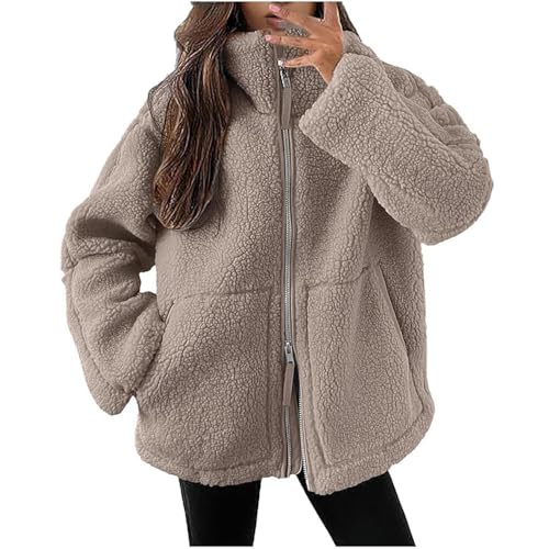 JIAALU Damen Teddyjacke Warme Doppelschneidiger Samt Jacke Einfarbig Fleecejacke Dicke Freizeit Winterjacke mit Reißverschluss Taschen Wintermantel Neueste Plüschjacke von JIAALU