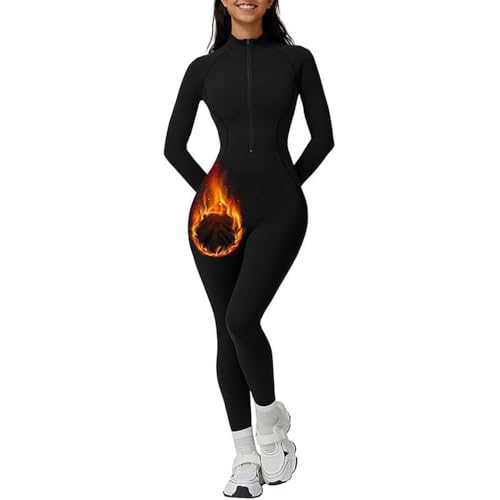 JIAALU Damen Thermo Jumpsuit Winter Langarm Eng Reißverschluss Sport Einteiler Reißverschluss Nahtloser Fleece gefüttert Bodysuit Einteiler Warm Gefütterte Ganzkörperanzug von JIAALU