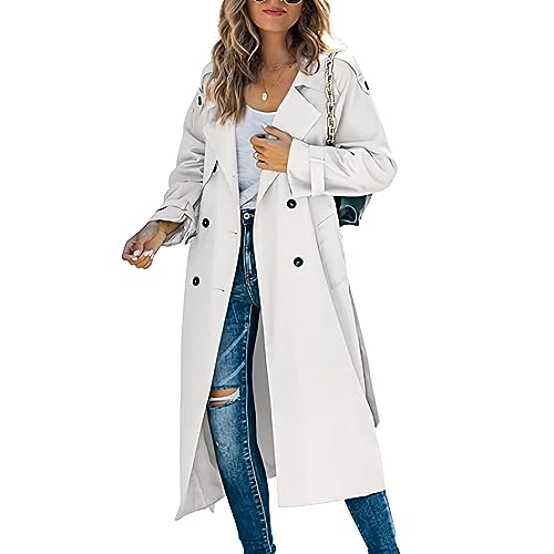 JIAALU Damen Trenchcoat Jacke Winddichter Cardigan Zweireiher Langer Mantel Übergangsmantel mit Taschen Solide Revers Windjackemit Knöpfen Wintermantel Windjacke Outdoorjacke von JIAALU