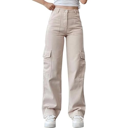 JIAALU Damen Trendy Cargo Jeans Stretch Jeans Straight Baggy Wide Leg Denim Hose Low Waist Cargohose Boyfriend Hose Streetwear Cargo Jeans Casual Trousers Denim Pants von JIAALU