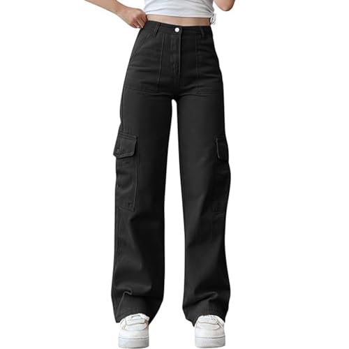 JIAALU Damen Trendy Cargo Jeans Stretch Jeans Straight Baggy Wide Leg Denim Hose Low Waist Cargohose Boyfriend Hose Streetwear Cargo Jeans Casual Trousers Denim Pants von JIAALU