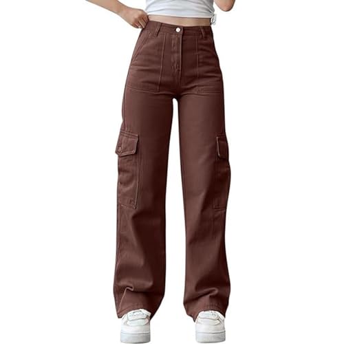 JIAALU Damen Trendy Cargo Jeans Stretch Jeans Straight Baggy Wide Leg Denim Hose Low Waist Cargohose Boyfriend Hose Streetwear Cargo Jeans Casual Trousers Denim Pants von JIAALU