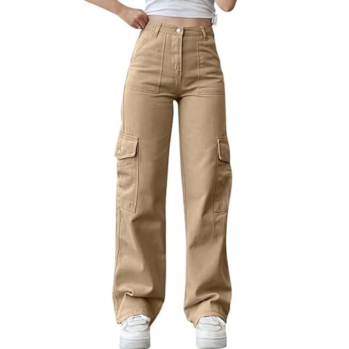 JIAALU Damen Trendy Cargo Jeans Stretch Jeans Straight Baggy Wide Leg Denim Hose Low Waist Cargohose Boyfriend Hose Streetwear Cargo Jeans Casual Trousers Denim Pants von JIAALU