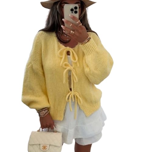 JIAALU Damen Y2K Strickjacke Niedliche übergroße für einfarbig offene Vorderseite V-Ausschnitt zum Binden lange Ärmel Fliege vorne locker Cadigan-Strickwaren Tops Cadigan-Strickwaren von JIAALU