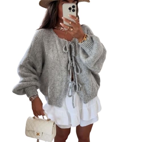 JIAALU Damen Y2K Strickjacke Niedliche übergroße für einfarbig offene Vorderseite V-Ausschnitt zum Binden lange Ärmel Fliege vorne locker Cadigan-Strickwaren Tops Cadigan-Strickwaren von JIAALU