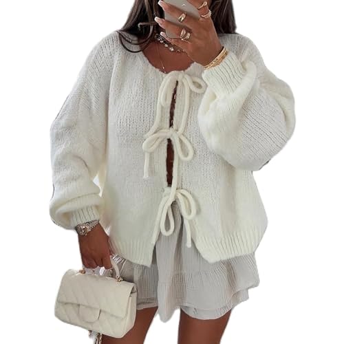 JIAALU Damen Y2K Strickjacke Niedliche übergroße für einfarbig offene Vorderseite V-Ausschnitt zum Binden lange Ärmel Fliege vorne locker Cadigan-Strickwaren Tops Cadigan-Strickwaren von JIAALU