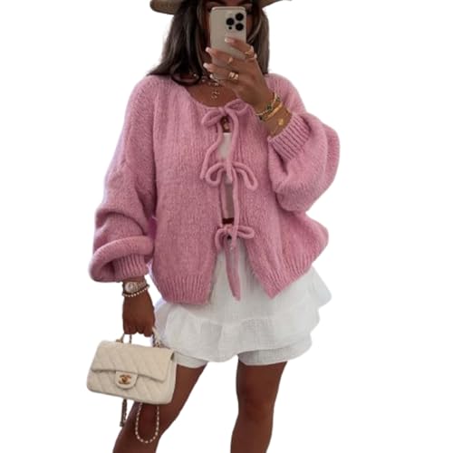 JIAALU Damen Y2K Strickjacke Niedliche übergroße für einfarbig offene Vorderseite V-Ausschnitt zum Binden lange Ärmel Fliege vorne locker Cadigan-Strickwaren Tops Cadigan-Strickwaren von JIAALU