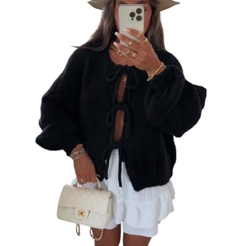 JIAALU Damen Y2K Strickjacke Niedliche übergroße für einfarbig offene Vorderseite V-Ausschnitt zum Binden lange Ärmel Fliege vorne locker Cadigan-Strickwaren Tops Cadigan-Strickwaren von JIAALU