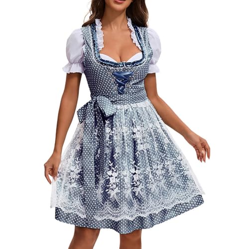JIAALU Dirndl Damen midi Lang Trachtenkleid 2tlg Oktoberfest Trachtenkleid Kleid mit Spitzenschürze Trachtenmode Dirndl-Komplettsets Kleid für Oktoberfest Besondere Anlässe von JIAALU