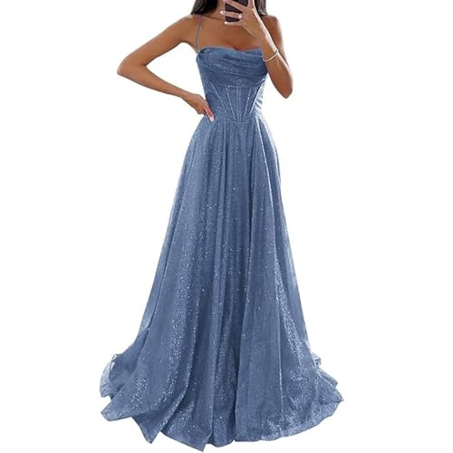 JIAALU Glitzernde Pailletten Tüllkleider A-Linie Ballkleid in Tüll für Hochzeit Elegantes Damen Abendkleid Langer Schlitz & Korsett-Design von JIAALU