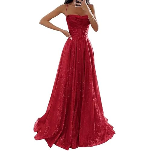 JIAALU Glitzernde Pailletten Tüllkleider A-Linie Ballkleid in Tüll für Hochzeit Elegantes Damen Abendkleid Langer Schlitz & Korsett-Design von JIAALU