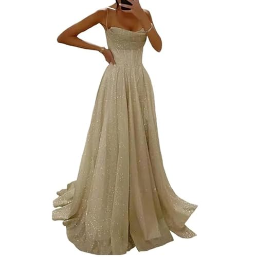 JIAALU Glitzernde Pailletten Tüllkleider Elegantes Damen Abendkleid mit Glitzerpailletten & Spaghettiträgern A-Linie Ballkleid in Tüll für Hochzeit, Langer Schlitz & Korsett-Design von JIAALU