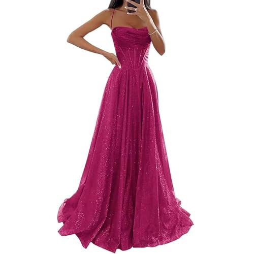JIAALU Glitzernde Pailletten Tüllkleider Elegantes Damen Abendkleid mit Glitzerpailletten & Spaghettiträgern A-Linie Ballkleid in Tüll für Hochzeit, Langer Schlitz & Korsett-Design von JIAALU