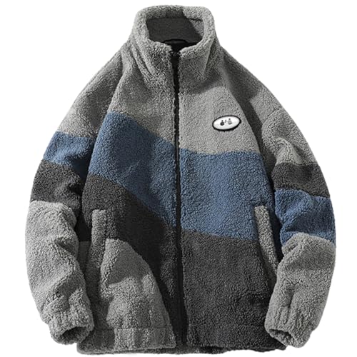 JIAALU Herren Jacke Patchwork Teddyfleece Mit Stehkragen Jacke Oberbekleidung Teddy Fleece mit Stehkragen Winterjacke Sweatjacke Mit Reißverschluss von JIAALU