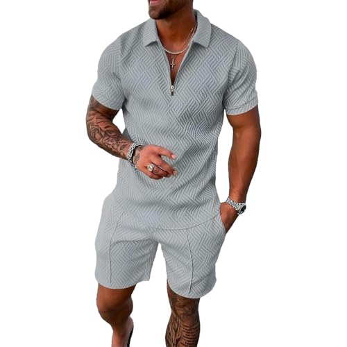 JIAALU Herren Sportanzug KurzarmPolo Reißverschluss Top und Shorts Kleidung Set Sommer Trainingsanzug 2 Teiler Casual Jogginganzug Freizeitanzug Outfit Zweiteiler Trainingsanzug von JIAALU