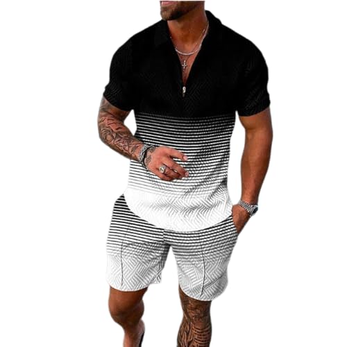 JIAALU Herren Sportanzug KurzarmPolo Reißverschluss Top und Shorts Kleidung Set Sommer Trainingsanzug 2 Teiler Casual Jogginganzug Freizeitanzug Outfit Zweiteiler Trainingsanzug von JIAALU