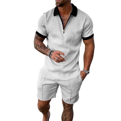 JIAALU Herren Sportanzug KurzarmPolo Reißverschluss Top und Shorts Kleidung Set Sommer Trainingsanzug 2 Teiler Casual Jogginganzug Freizeitanzug Outfit Zweiteiler Trainingsanzug von JIAALU