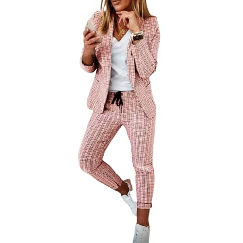 JIAALU Hosenanzug Damen Elegant Business Anzug Set Hosenanzug Blazer Hose 2-teilig Anzug Karo Kariert Zweiteiler Slimfit Streetwear Festlich Sportlich Hosenanzug von JIAALU