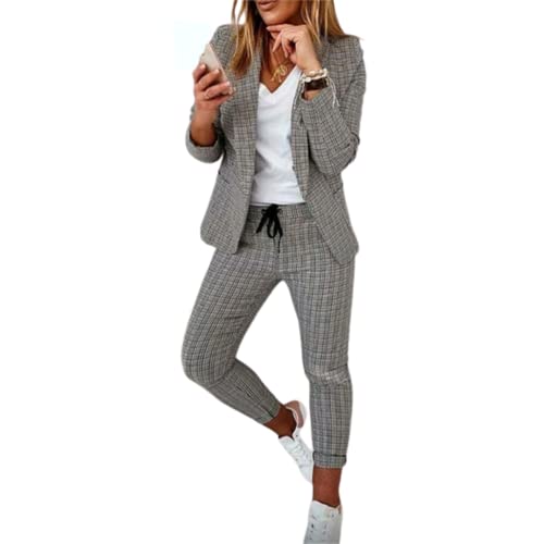 JIAALU Hosenanzug Damen Elegant Business Anzug Set Hosenanzug Blazer Hose 2-teilig Anzug Karo Kariert Zweiteiler Slimfit Streetwear Festlich Sportlich Hosenanzug von JIAALU