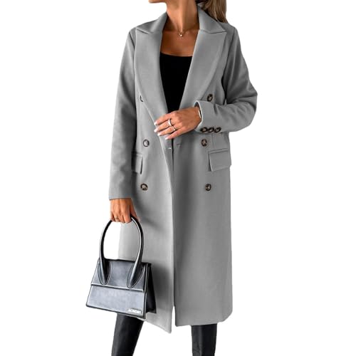 JIAALU Langer Trenchcoat für Damen Langärmliger Wollmantel mit doppelreihigen Knöpfen Mantel Trenchcoat Elegant Umlegekragen Wollmantel Große Größen Winddichter Lang Winter Einfarbige Wintermantel von JIAALU