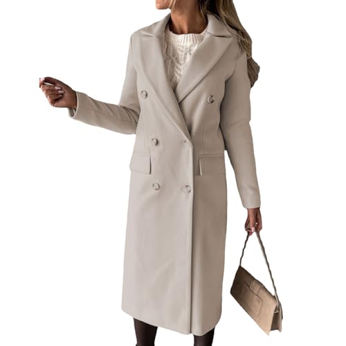 JIAALU Langer Trenchcoat für Damen Langärmliger Wollmantel mit doppelreihigen Knöpfen Mantel Trenchcoat Elegant Umlegekragen Wollmantel Große Größen Winddichter Lang Winter Einfarbige Wintermantel von JIAALU