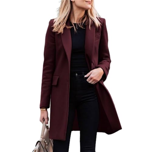 JIAALU Langer Trenchcoat für Damen Langärmliger Wollmantel mit doppelreihigen Knöpfen Mantel Trenchcoat Elegant Umlegekragen Wollmantel Große Größen Winddichter Lang Winter Einfarbige Wintermantel von JIAALU