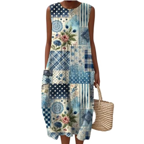 JIAALU Leinenkleider Damen Sommer Sommerkleider Damen Leichtes und luftiges Musselinkleid Rundhals lässiges Leinenkleid Vintage Blumendruck Freizeitkleid lockeres luftiges Midikleid mit Taschen von JIAALU