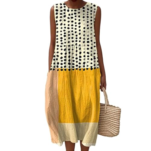 JIAALU Leinenkleider Damen Sommer Sommerkleider Damen Leichtes und luftiges Musselinkleid Rundhals lässiges Leinenkleid Vintage Blumendruck Freizeitkleid lockeres luftiges Midikleid mit Taschen von JIAALU