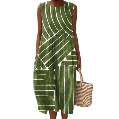 JIAALU Leinenkleider Damen Sommer Sommerkleider Damen Leichtes und luftiges Musselinkleid Rundhals lässiges Leinenkleid Vintage Blumendruck Freizeitkleid lockeres luftiges Midikleid mit Taschen von JIAALU