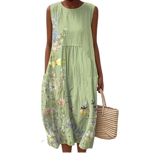 JIAALU Leinenkleider Damen Sommer Sommerkleider Damen Leichtes und luftiges Musselinkleid Rundhals lässiges Leinenkleid Vintage Blumendruck Freizeitkleid lockeres luftiges Midikleid mit Taschen von JIAALU