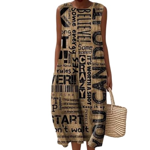 JIAALU Leinenkleider Damen Sommer Sommerkleider Damen Leichtes und luftiges Musselinkleid Rundhals lässiges Leinenkleid Vintage Blumendruck Freizeitkleid lockeres luftiges Midikleid mit Taschen von JIAALU