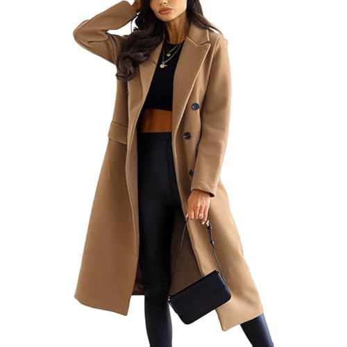 JIAALU Mantel Damen Elegant Lang Wollmantel Mode Umlegekragen Langarm Einfarbig Trenchcoat Warme Outwear Winter mit Gürtel Jacke von JIAALU