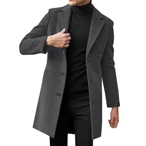 JIAALU Mantel Herren Lange Jacke Slim Fit Casual Wollmantel Wintermantel Kerbkragen mit Knopfleiste Trenchcoat Herrenmantel Winter Warme Oberbekleidung Schwarz Einreiher von JIAALU