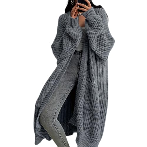JIAALU Strickjacke Damen Strickjacke Lang Damen Langarm Grobstrick-Cardigan Casual Herbst Winter Lang Strick Strickcardigan Strickmantel mit Tasche von JIAALU