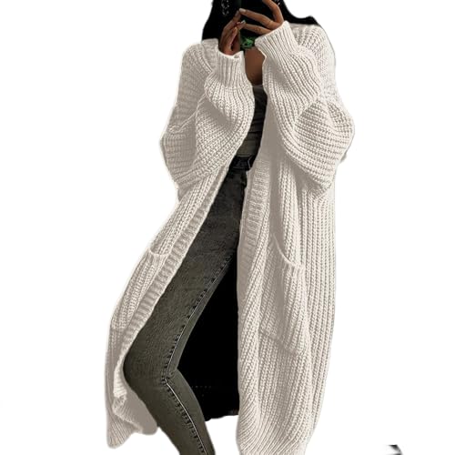 JIAALU Strickjacke Damen Strickjacke Lang Damen Langarm Grobstrick-Cardigan Casual Herbst Winter Lang Strick Strickcardigan Strickmantel mit Tasche von JIAALU