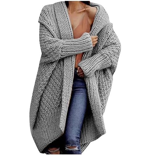 JIAALU Strickjacken Damen LangGrobstrick-Cardigan mit Kapuze Strickcardigan Offener Strickjacken-Long Strickjacke GroßE GrößEn ÜBergangsjacke Gestrickt Causal Swearter Cardigan von JIAALU